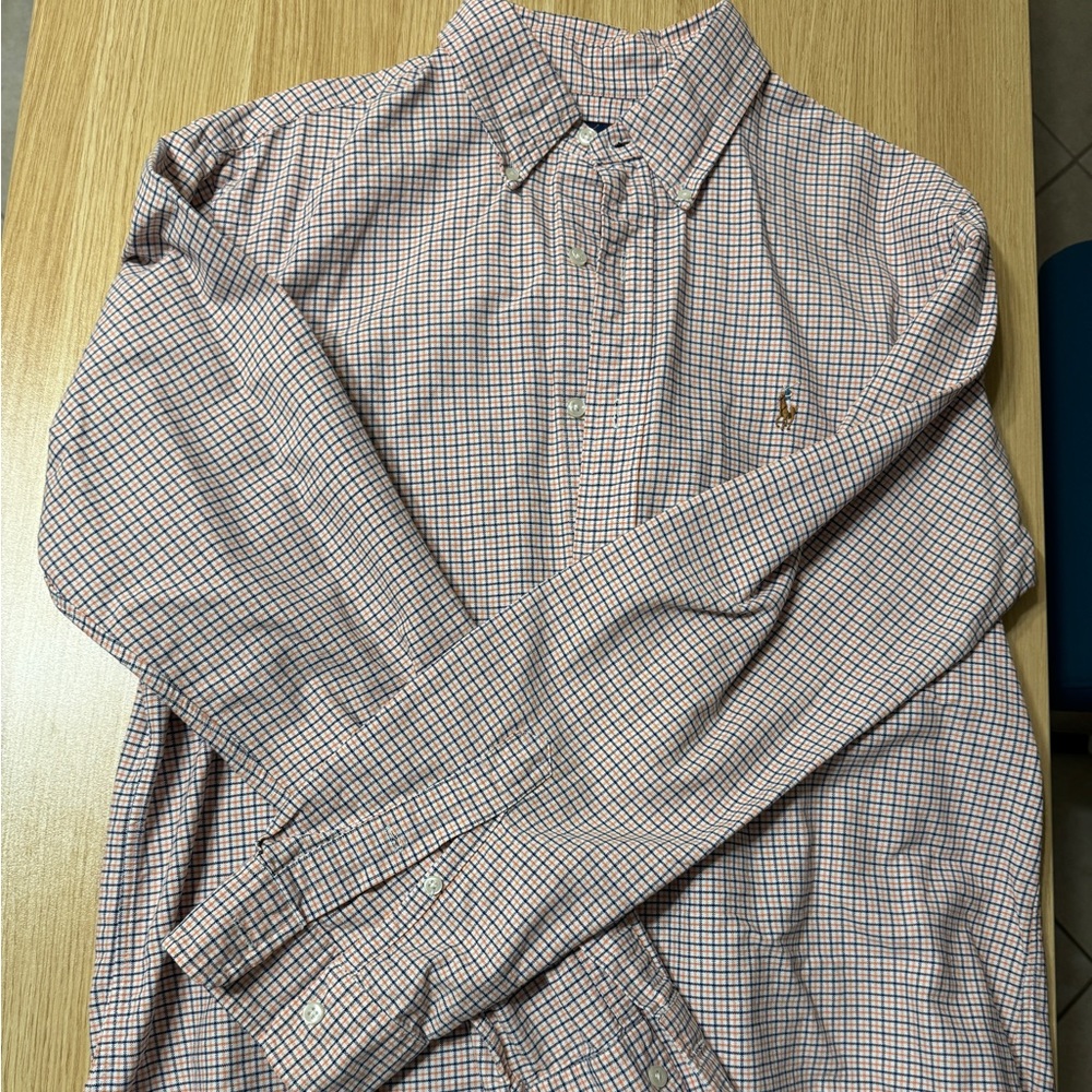 Ralph Lauren, large custom fit, yellow navy, checked long sleeve shirt